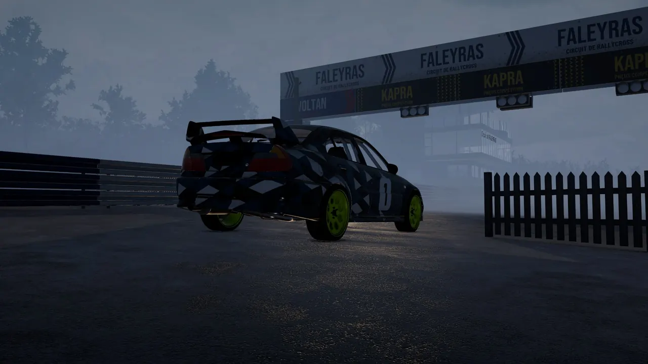 Rallycross car in a storm at dusk under the start gantry